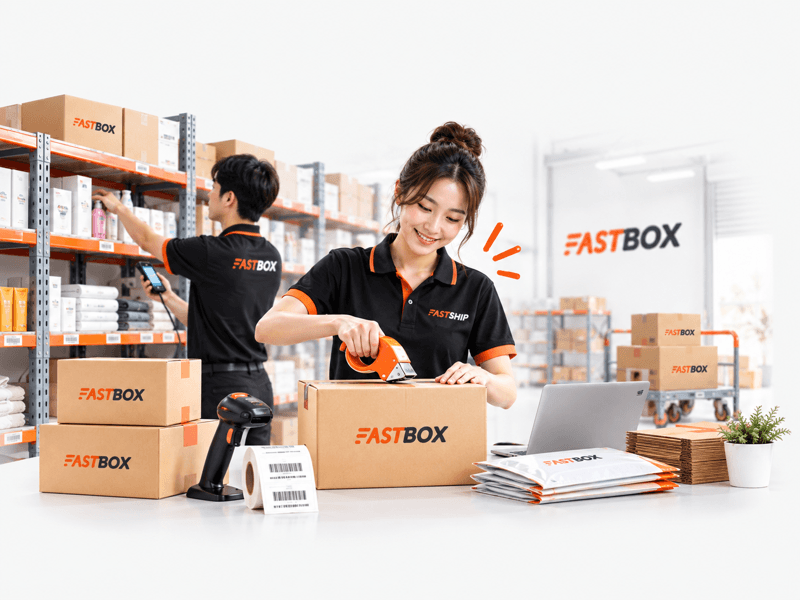 ทีมงาน FastBox กำลังแพ็กกล่องพัสดุและจัดสินค้าบนชั้นวางในคลังสินค้า