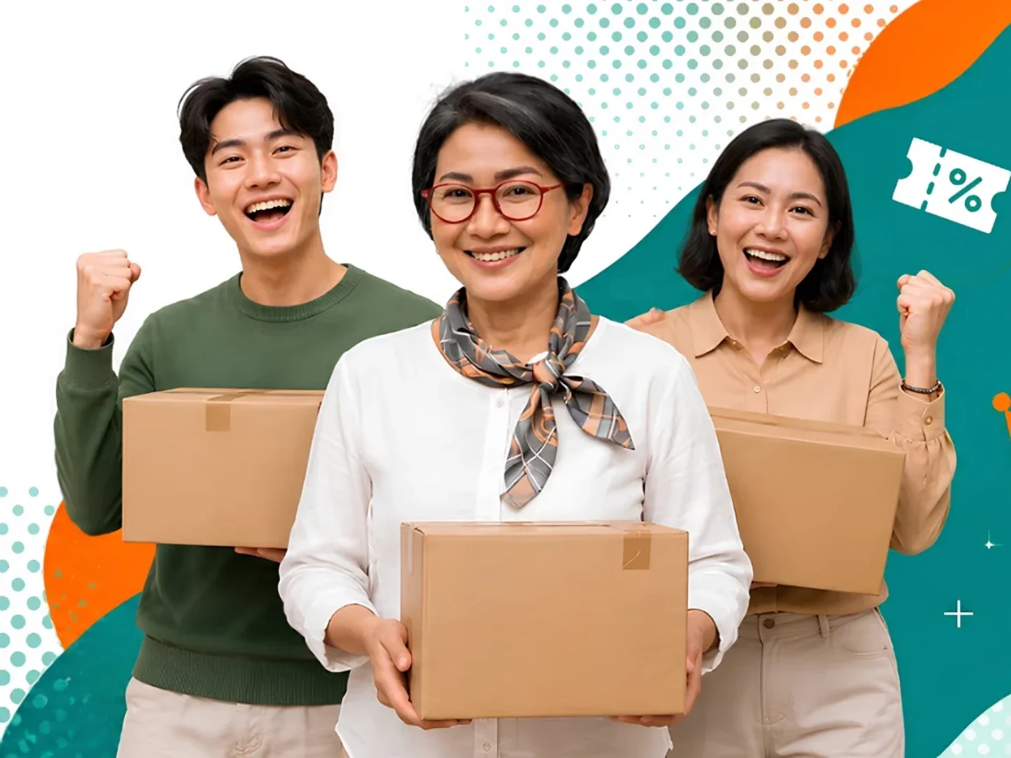 ลูกค้า FastBuy ยิ้มถือกล่องพัสดุที่พร้อมส่งไปต่างประเทศ