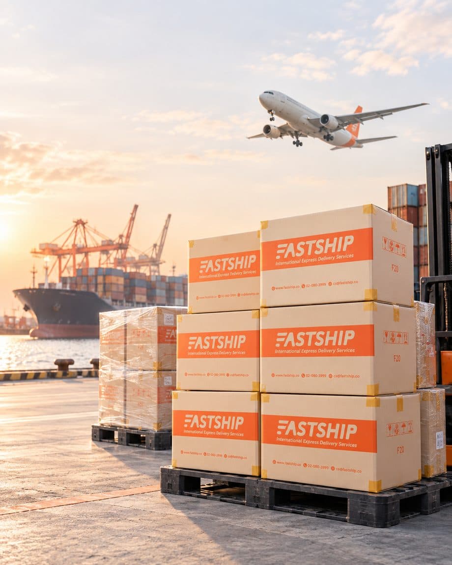 พาเลท FastShip พร้อมส่งออกที่ท่าเรือ เครื่องบินขนส่งบินอยู่ด้านบน