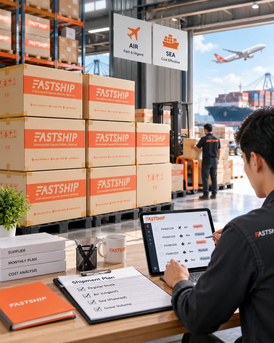 เจ้าหน้าที่ FastShip เช็ก Shipment Plan บนแท็บเล็ตในคลังสินค้า พร้อมป้าย Air/Sea และเรือ-เครื่องบินด้านหลัง