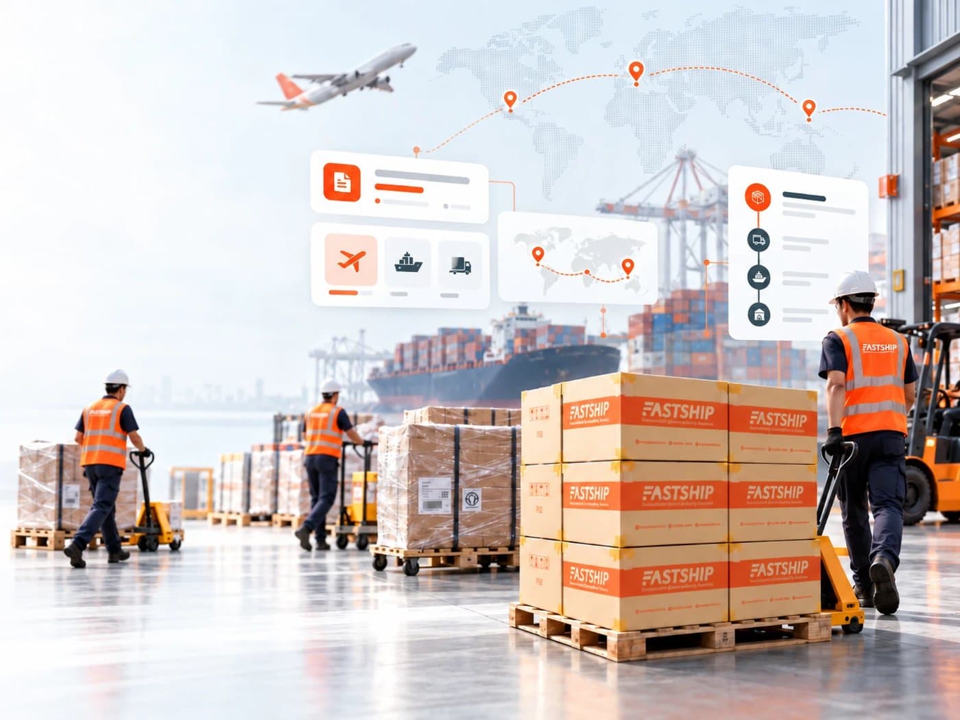 ทีมงาน FastShip กำลังขนพัสดุ Cargo ปริมาณมากขึ้นรถที่ท่าเรือ มีไอคอนแสดง Shipment Plan, Air/Sea Freight และ Route การขนส่งซ้อนอยู่ด้านบน