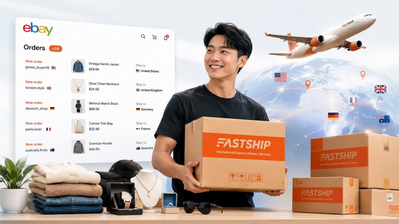 eBay Seller ถือกล่องพัสดุ FastShip พร้อมส่งออกไปต่างประเทศ