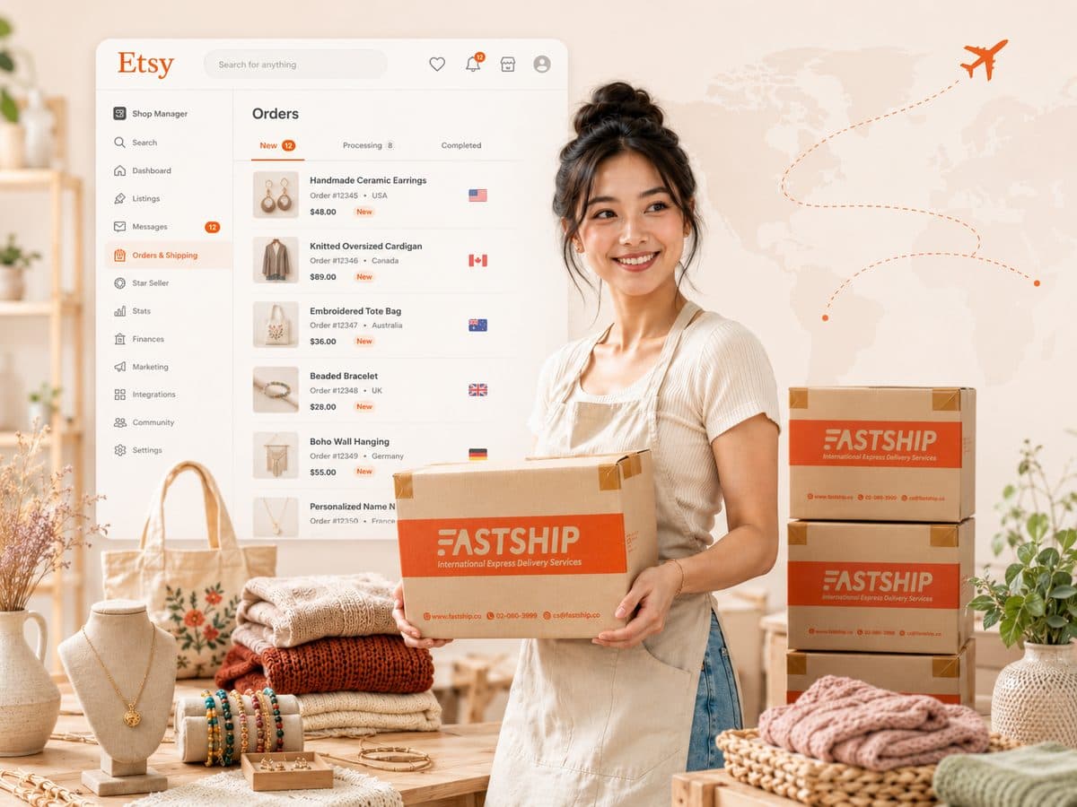 Etsy Seller ยิ้มถือกล่องพัสดุ FastShip พร้อมหน้าจอ Etsy Shop Manager แสดงออเดอร์ใหม่ ในสตูดิโอ Handmade