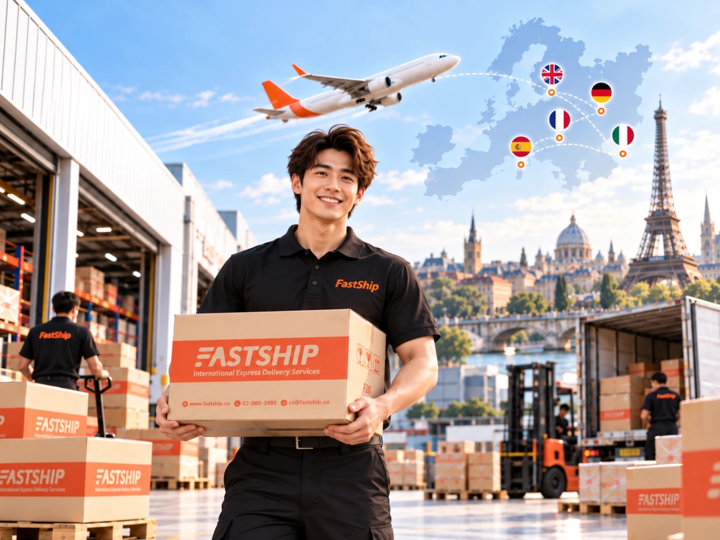 พนักงาน FastShip ถือกล่องพัสดุที่คลังสินค้า พร้อมเส้นทางส่งของทางอากาศจากไทยไปยุโรป ราคาเริ่มต้น 199 บาท
