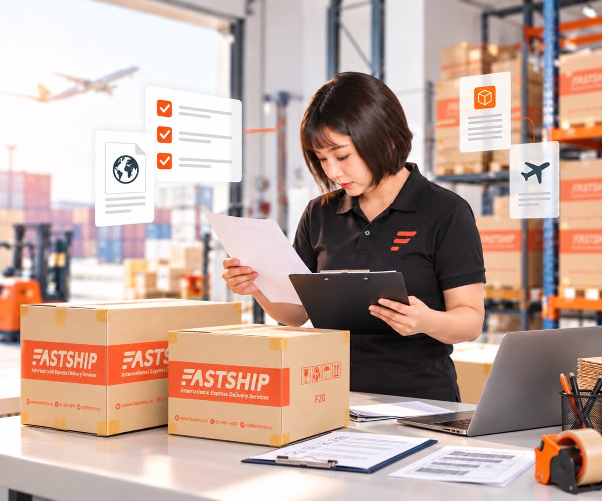 พนักงาน FastShip ตรวจเอกสารส่งออกเทียบกับกล่องพัสดุ