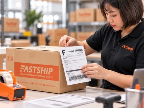 พนักงาน FastShip ติดฉลาก AWB บนกล่องพัสดุ