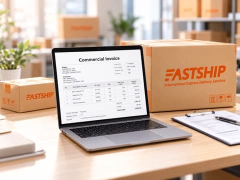เอกสาร Commercial Invoice แสดงบนหน้าจอโน้ตบุ๊กข้างกล่องพัสดุ FastShip