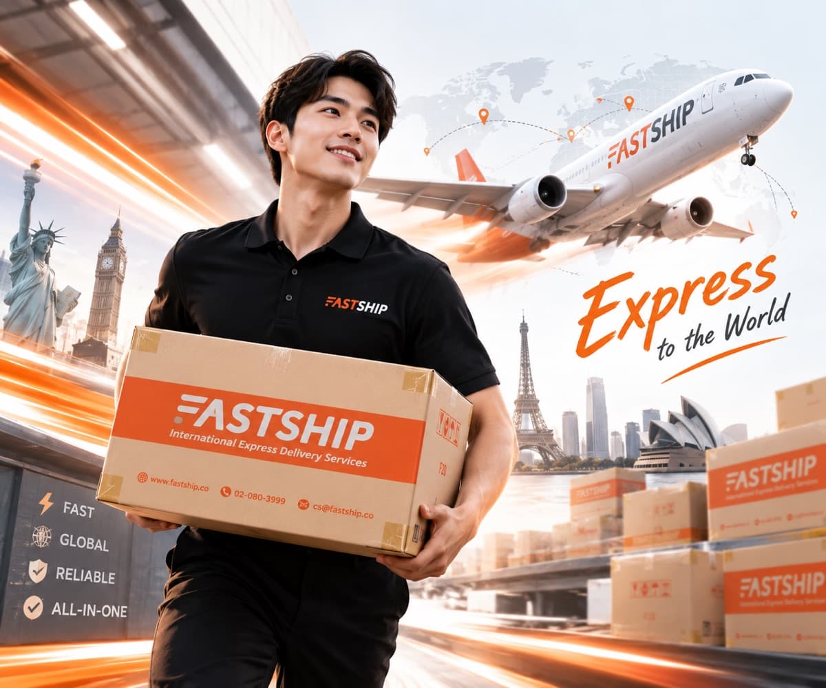พนักงาน FastShip ถือพัสดุ Express พร้อมส่งไปทั่วโลก