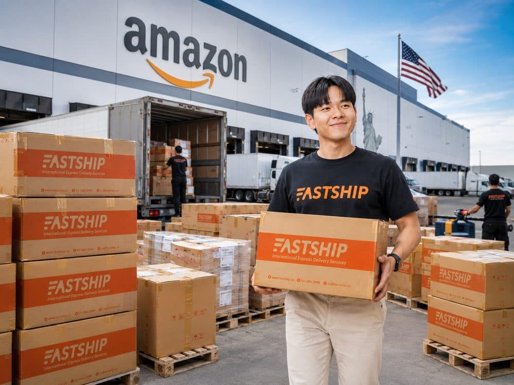 พนักงาน FastShip ถือกล่องพัสดุ FastShip หน้าคลัง Amazon Fulfillment Center ในอเมริกา
