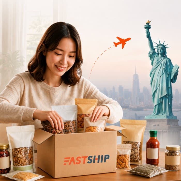 ลูกค้าแพ็คอาหารไทยและของฝากใส่กล่อง FastShip เตรียมส่งไปอเมริกา