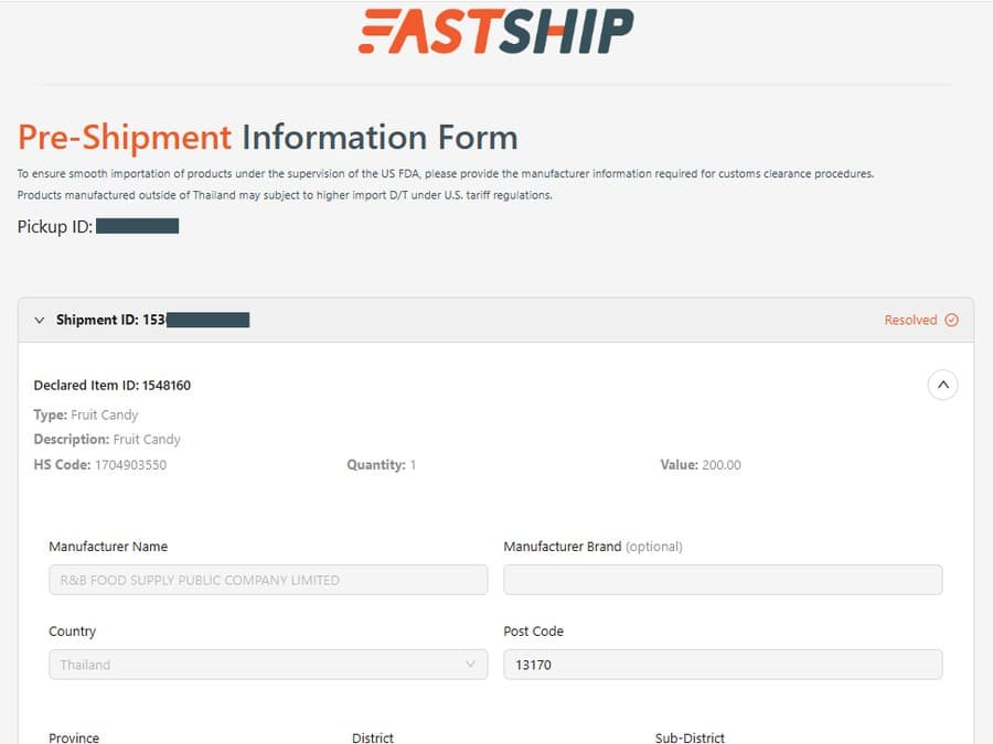 ตัวอย่างแบบฟอร์ม Pre-Shipment Information สำหรับดำเนินการ PNC จริงของระบบ FastShip