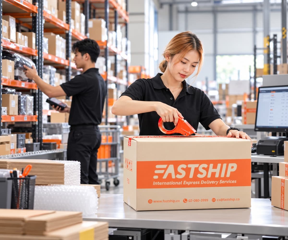 พนักงาน FastShip คลังสินค้ากำลัง Pick สินค้าจากชั้นวางและแพ็กกล่องพัสดุ