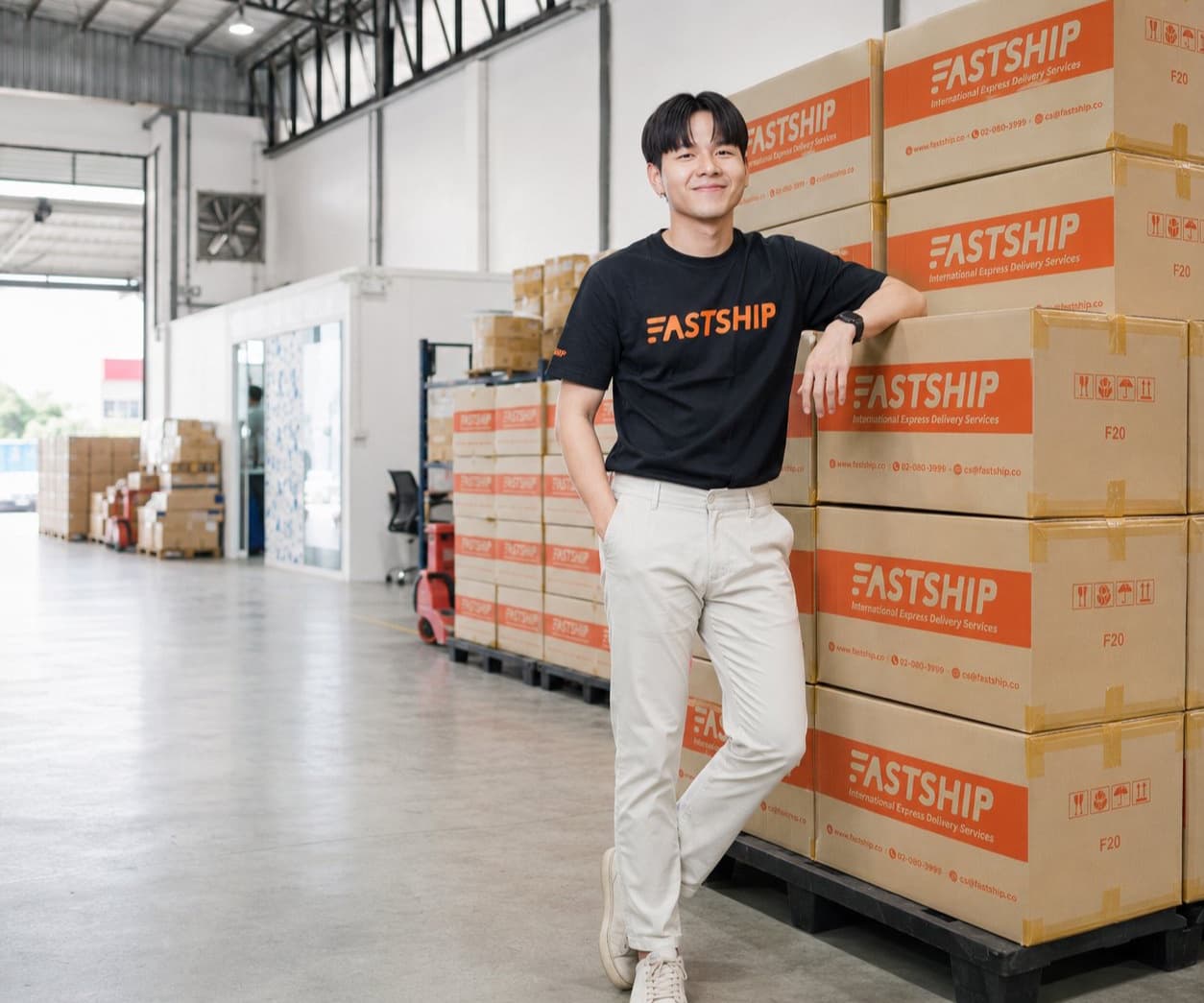 พนักงาน FastShip ยืนข้างกล่องพัสดุ FastShip ในโกดัง
