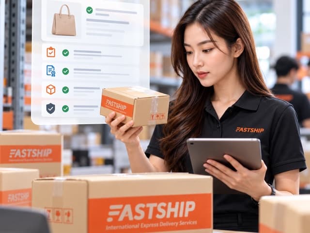 พนักงาน FastShip ใช้แท็บเล็ตตรวจเช็ครายการและเงื่อนไขของสินค้า