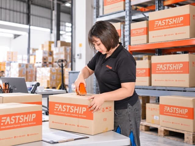 พนักงาน FastShip กำลังแพ็กกล่องพัสดุในคลังสินค้า