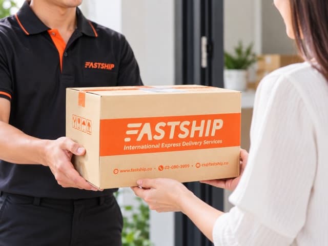 พนักงาน FastShip ส่งมอบกล่องพัสดุถึงมือลูกค้าปลายทาง