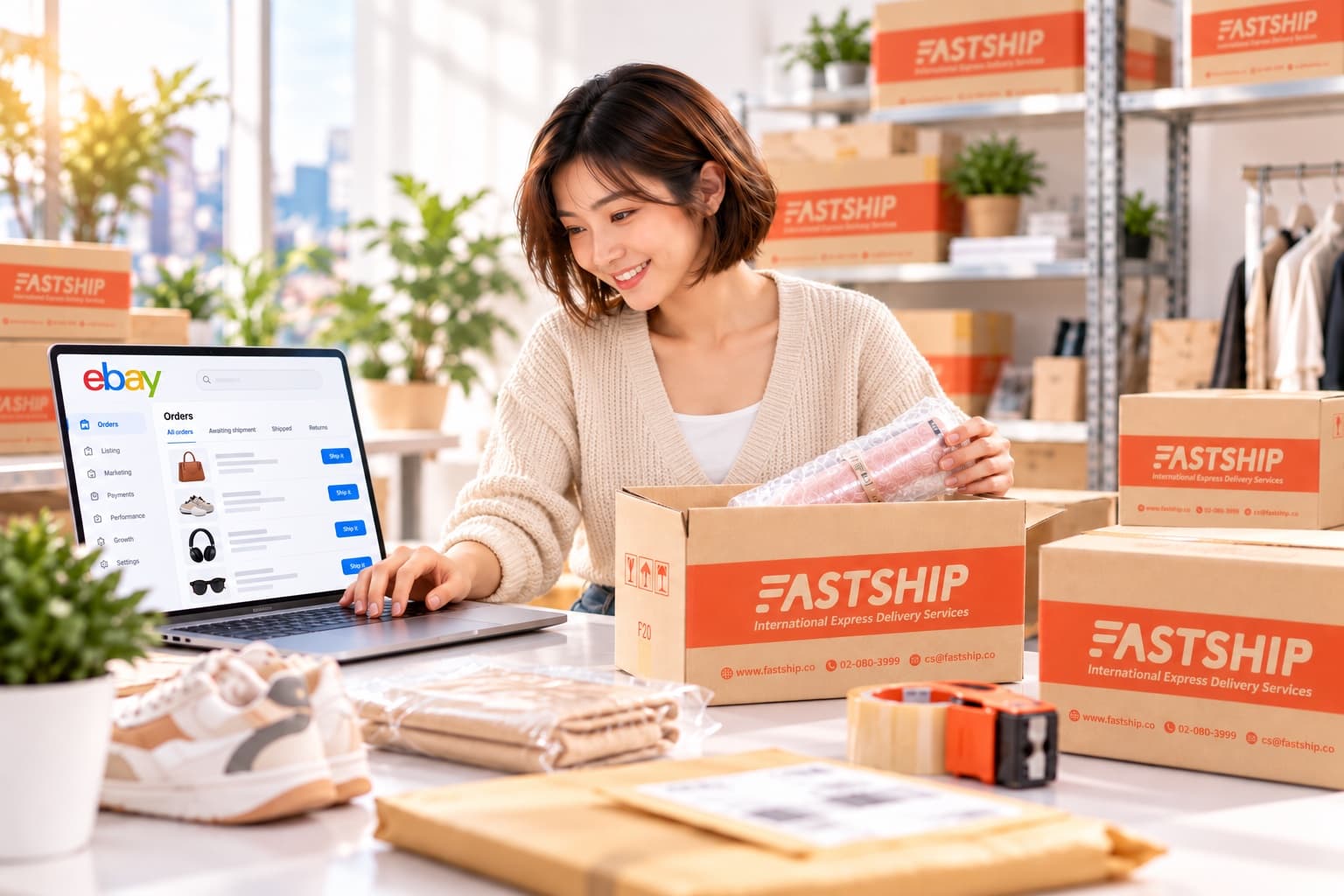 eBay Seller นั่งแพ็คสินค้าและอัปเดตออเดอร์บนหน้าจอ eBay Orders ผ่านแล็ปท็อป พร้อมกล่องพัสดุ FastShip