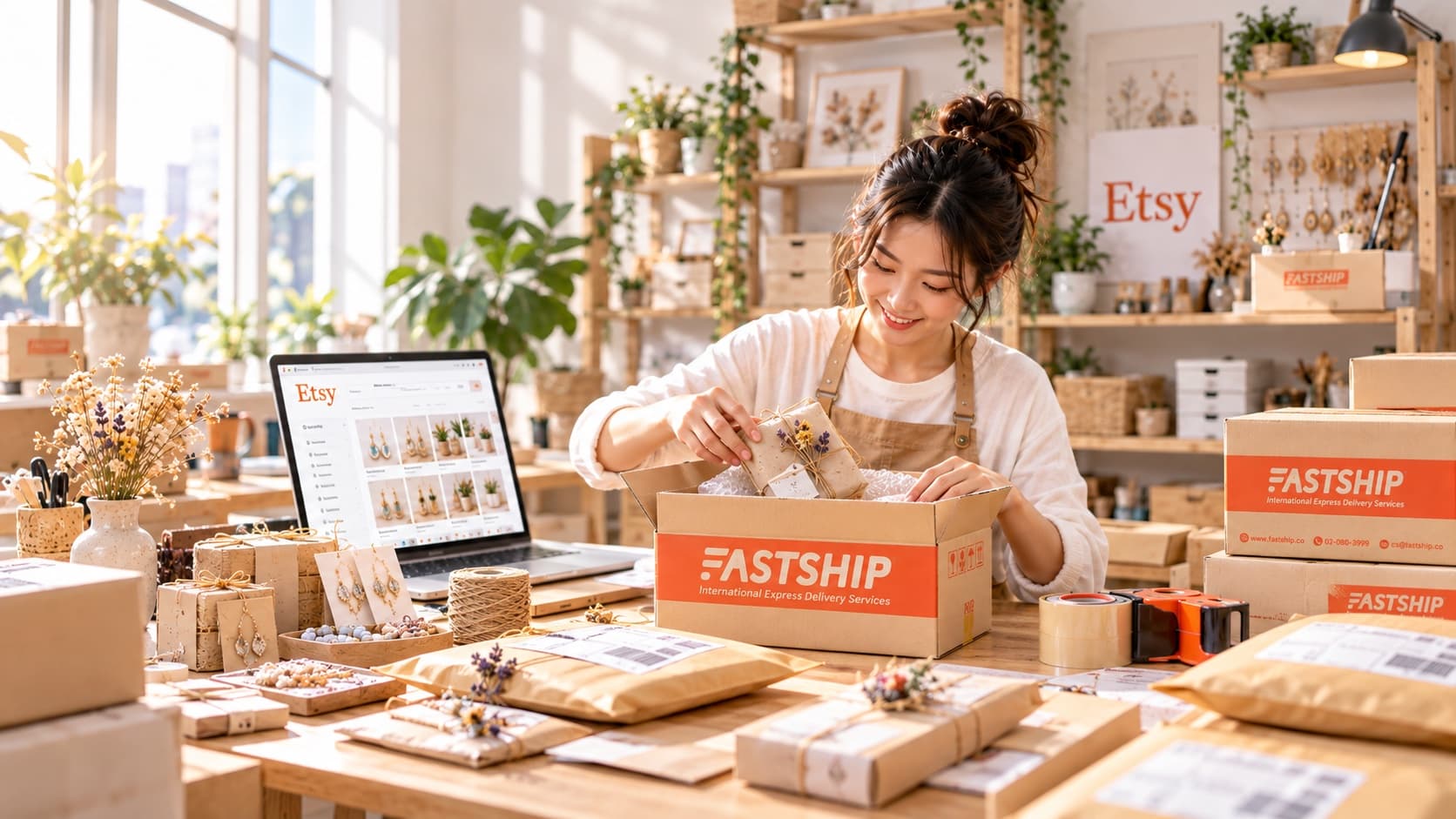 Etsy Seller ยิ้มห่อสินค้า Handmade ลงกล่องพัสดุ FastShip หน้าจอแล็ปท็อปแสดงหน้าร้าน Etsy ในสตูดิโองาน Handmade