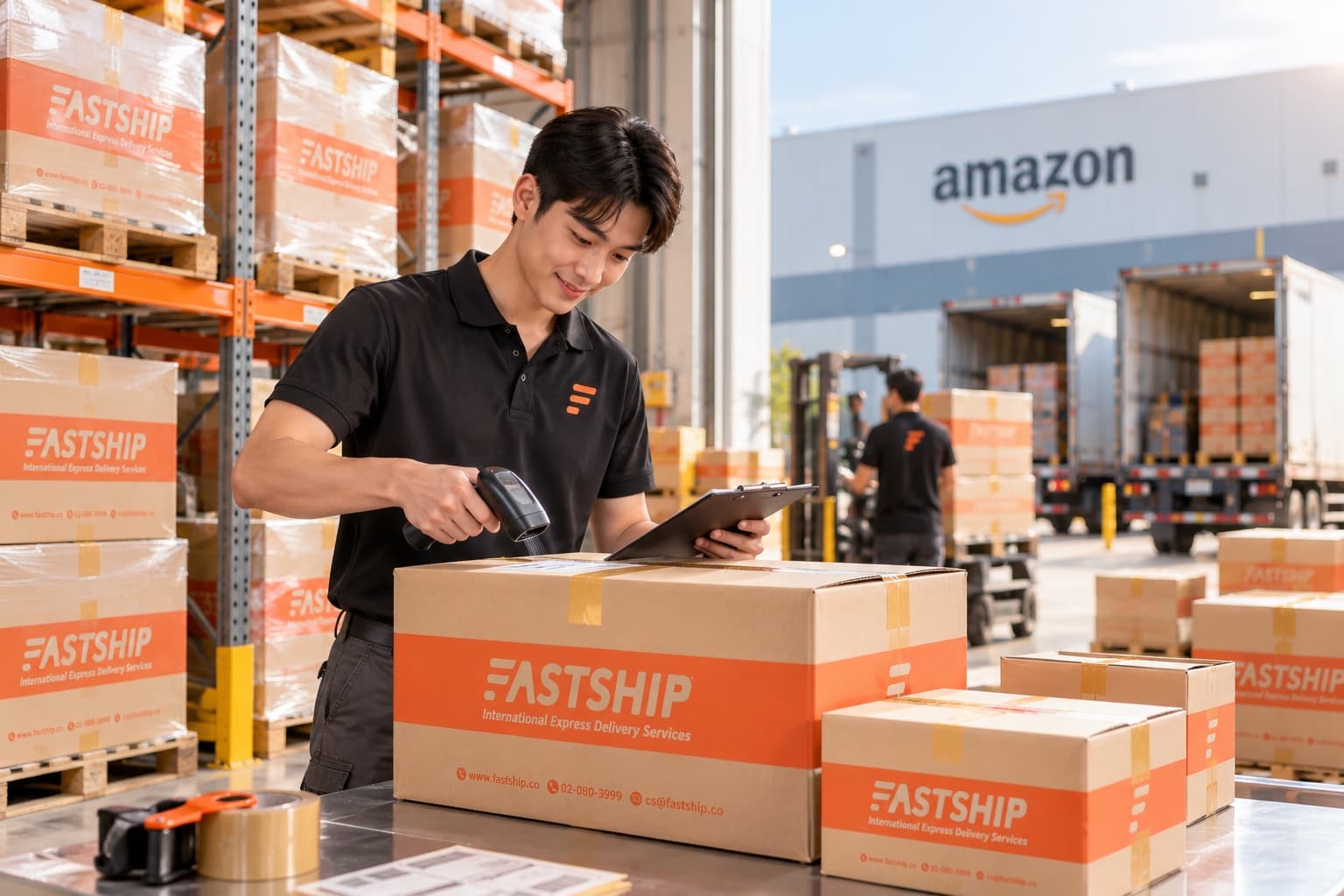 พนักงาน FastShip สแกนบาร์โค้ดกล่องพัสดุในคลังสินค้า พร้อมรถบรรทุกและตึก Amazon Fulfillment Center ด้านหลัง