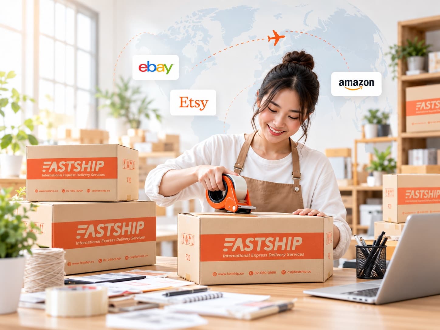 Seller ยิ้มแพ็คกล่องพัสดุ FastShip บนโต๊ะทำงาน มีพื้นที่โล่งฝั่งซ้ายรับแสงจากหน้าต่าง พร้อมโลโก้ eBay, Etsy และ Amazon ลอยอยู่เหนือแผนที่โลกและเส้นทางเครื่องบิน สื่อถึงการส่งออกไปทั่วโลก