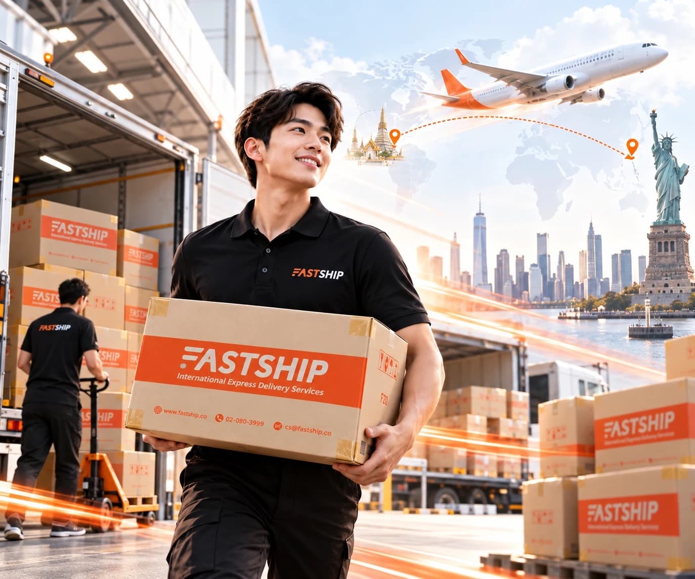 พนักงาน FastShip ถือกล่องพัสดุที่ท่าขนถ่ายสินค้า พร้อมเส้นทางส่งของทางอากาศจากไทยไปเทพีเสรีภาพสหรัฐอเมริกา