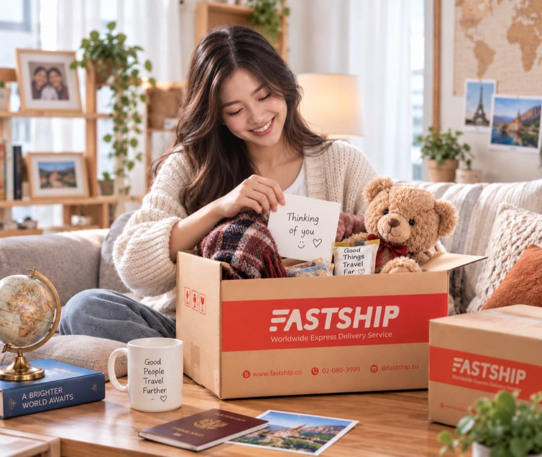 ลูกค้าแพ็คของใช้และของฝากลงกล่อง FastShip เตรียมส่งไปต่างประเทศ