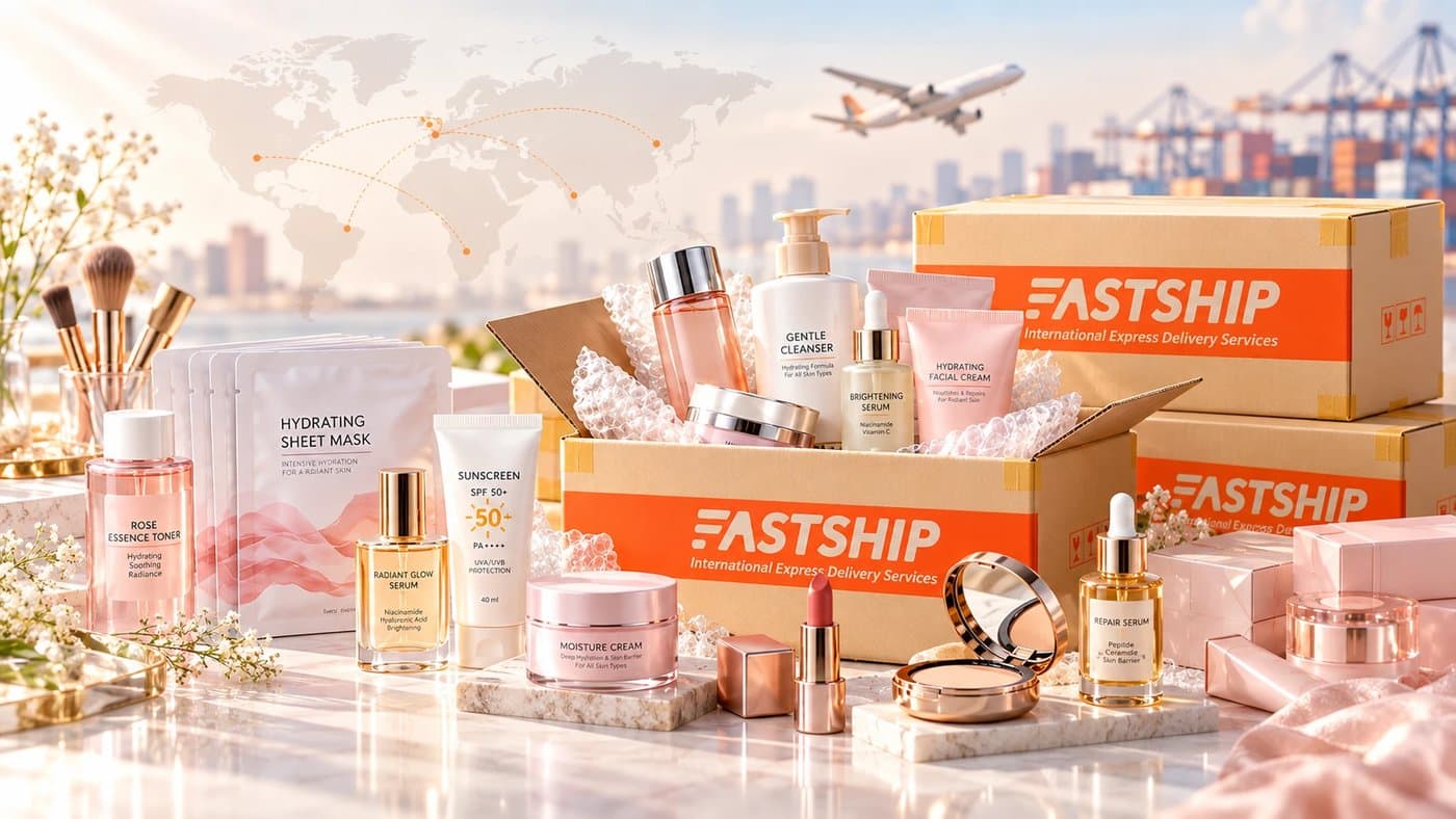 กล่องพัสดุ FastShip พร้อมผลิตภัณฑ์ Skincare และเครื่องสำอางหลากหลายชนิด เช่น เซรั่ม ครีมบำรุง แผ่นมาส์กหน้า และลิปสติก