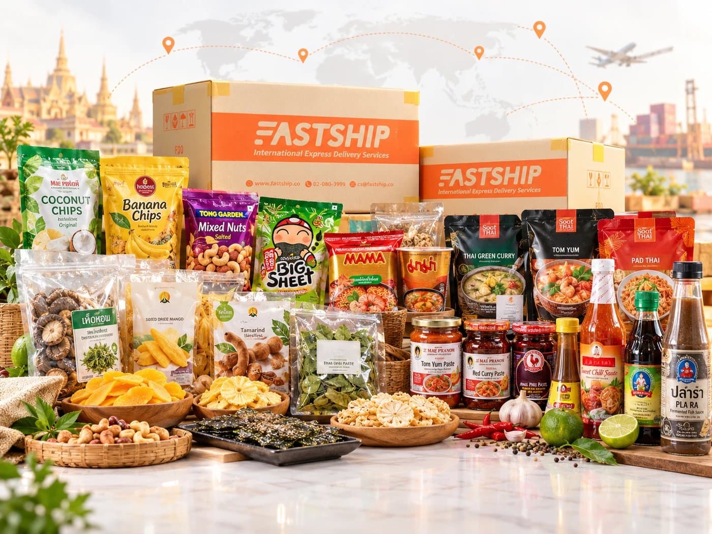 กล่องพัสดุ FastShip พร้อมตัวอย่างอาหารไทยหลากหลายชนิดที่ส่งไปต่างประเทศได้ เช่น ขนมอบแห้ง ของขบเคี้ยว เครื่องปรุง และซอสต่างๆ