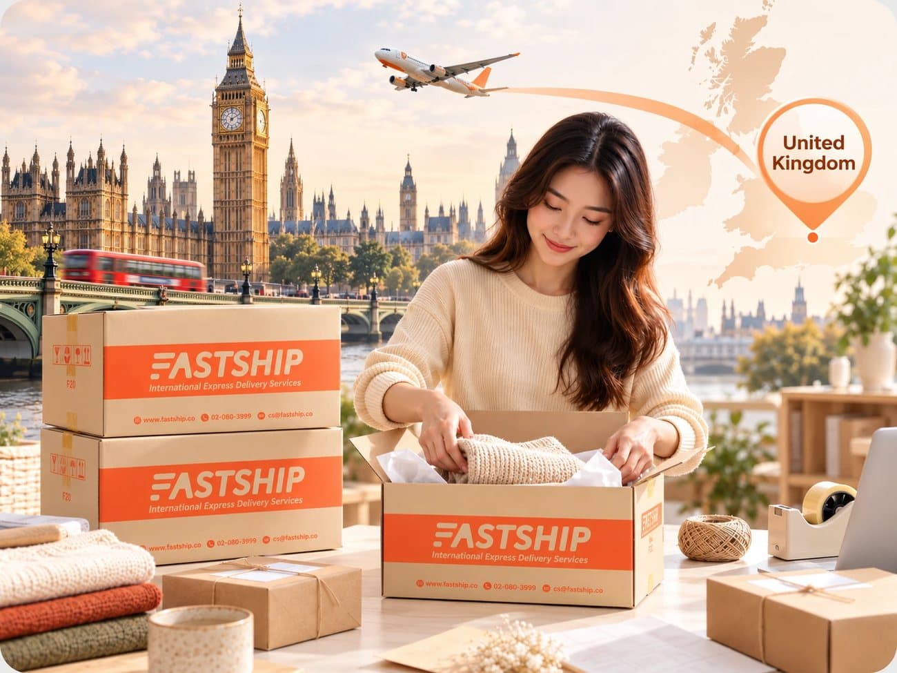 ลูกค้าแพ็กกล่อง FastShip เตรียมส่งไปสหราชอาณาจักร มีฉากหลังเป็นลอนดอนและเครื่องบิน