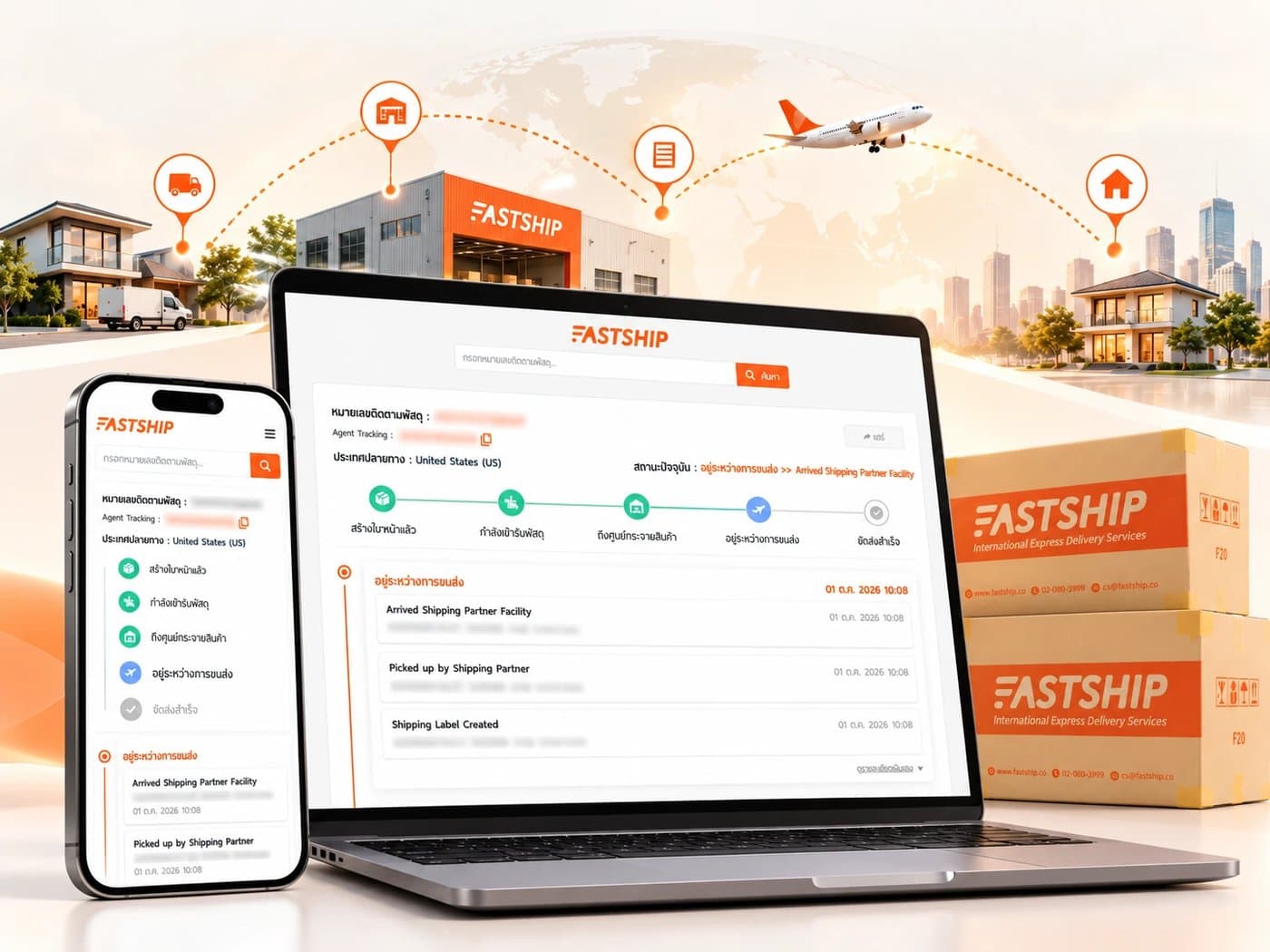 หน้าจอ FastTrack บนคอมพิวเตอร์และมือถือ แสดง Timeline สถานะพัสดุตั้งแต่สร้างใบ จนถึงจัดส่งสำเร็จ พร้อมเส้นทางการเดินทางจากโกดัง FastShip ไปยังบ้านปลายทาง