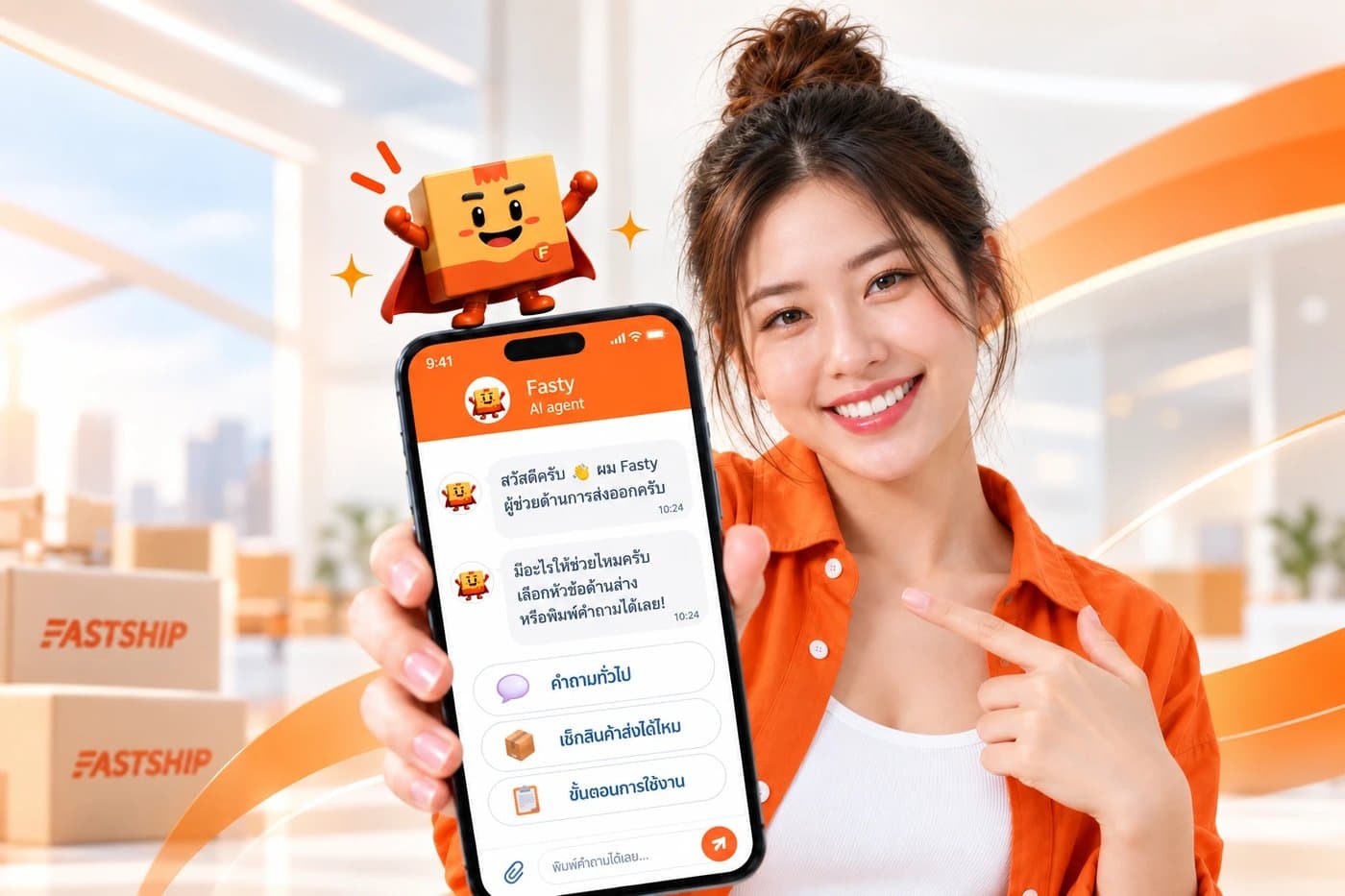 ลูกค้าถือโทรศัพท์แสดงหน้าจอแชท Fasty AI Agent ของ FastShip พร้อมตัวการ์ตูนมาสคอต Fasty
